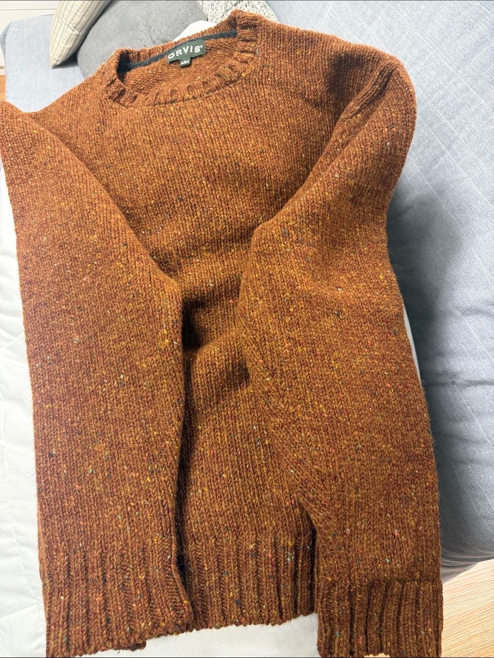 Orvis Men's Rust Tweed Crewneck Sweater with Multicolored Flecks